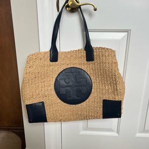 Tory Burch rattan tote with navy blue logo